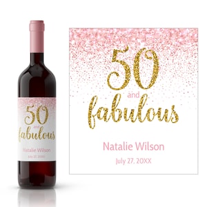 Pink Fifty And Fabulous Personalized Birthday Wine Label | Milestone Birthday Wine Label For Her | 50 & Fabulous | Custom Birthday Wine