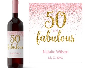 Pink Fifty And Fabulous Personalized Birthday Wine Label | Milestone Birthday Wine Label For Her | 50 & Fabulous | Custom Birthday Wine