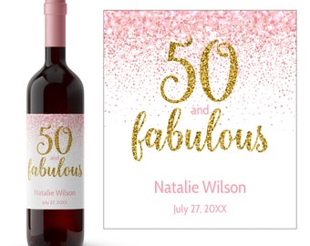 Pink Fifty And Fabulous Personalized Birthday Wine Label | Milestone Birthday Wine Label | 50 & Fabulous  | Printed or Digital Download
