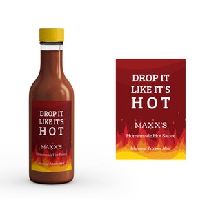 Drop It Like It&#39;s Hot Sauce Bottle Label | Hot Sauce Labels | Gift for Dad | Flames Hot Sauce Bottle Label