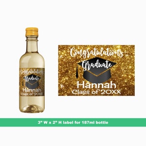 Graduation Gold Glitter Personalized Mini Wine Labels | Custom Party Favors | Grad Celebration | Mini Bottle Labels | 187 ml Bottle Labels
