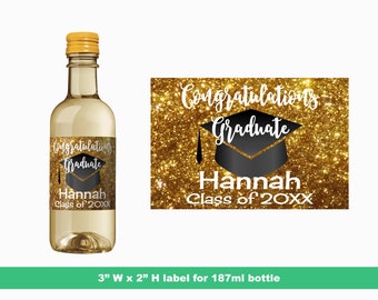 Graduation Gold Glitter Personalized Mini Wine Labels | Custom Party Favors | Grad Celebration | Mini Bottle Labels | 187 ml Bottle Labels