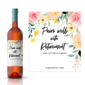 Rótulo de vinho personalizado de aposentadoria floral | Presente de aposentadoria | Presente de aposentadoria personalizado | Presente de vinho personalizado | Download impresso ou digital