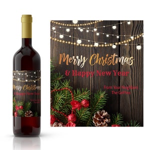 Christmas Greenery and Lights Holiday Wine Label | Country Christmas and New Year Wine | Christmas Wine Lover Gift Idea | Neighbor Wine Gift