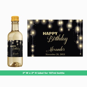String Light Personalized Mini Wine Labels | Custom Birthday Party Favors | Mini Bottle Labels | 187 ml Bottle Labels | Black & Gold Party
