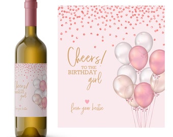 Pink Confetti & Balloons Birthday Wine Label | Wine Lover Birthday Gift | Cheers to the Birthday Girl