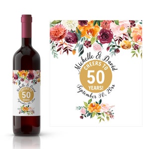 Autumn Floral Anniversary Wine Label | 50th Wedding Anniversary Wine Labels | Personalized Anniversary Wine Labels | Fall Floral Labels