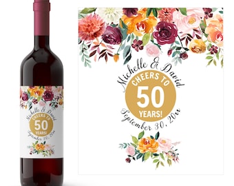 Autumn Floral Anniversary Wine Label | 50th Wedding Anniversary Wine Labels | Personalized Anniversary Wine Labels | Fall Floral Labels