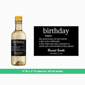 Birthday Dictionary Personalized Mini Wine Labels | Custom Birthday Party Favors | Milestone Birthday Bottle Labels | 187 ml Bottle Labels