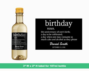 Słownik urodzinowy Spersonalizowane mini etykiety na wino | Niestandardowe upominki na przyjęcie urodzinowe | Etykiety na butelki Milestone Birthday | Etykiety na butelki 187 ml