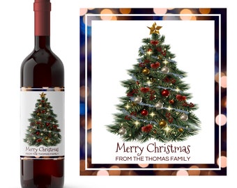 Sparkling Decorated Christmas Tree Wine Label | Christmas Gift Idea | Hostess Wine Gift | Personalized Holiday Wine Gift | Bokah Lights Wine