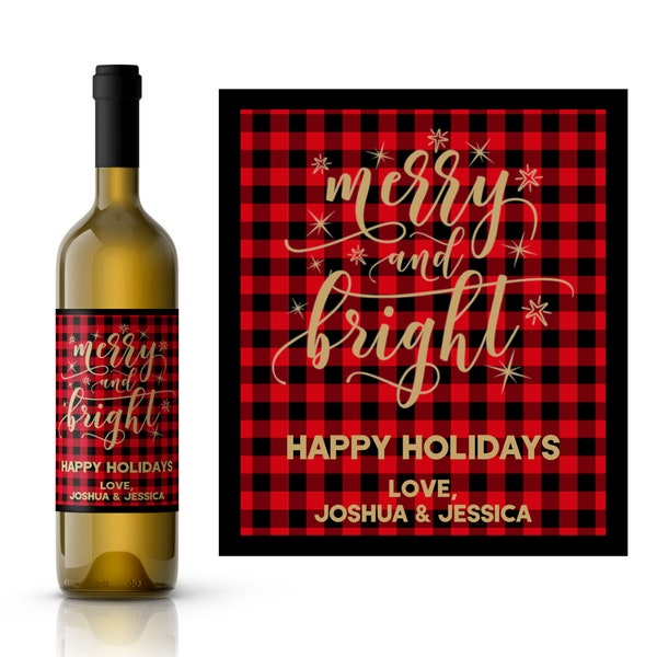 Merry and Bright Buffalo Plaid Holiday Wine Label |Red and Black Buffalo Check | Christmas Gift Idea | Calligraphy Christmas Wine Label