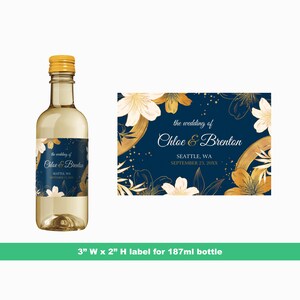Goldene Blumenhochzeit Personalisierte Mini-Weinetiketten | Hochzeit Empfang Mini Flasche Etiketten | Formelle Mini-Weinetiketten | 187 ml Flaschenetiketten