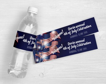 American Flags & Fireworks Water Bottle Labels | 4th of July Party Water Bottle Labels | Independence Day Party Favors | Set of 10