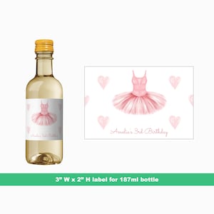 バレリーナの誕生日ミニワインラベル | お子様の誕生日パーティーの記念品 | ピンクのチュチュの誕生日ラベル | ミニボトルラベル | 187 ml ボトルラベル
