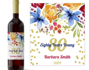 Flores de verano Etiqueta de vino de cumpleaños personalizada / Etiqueta de vino de cumpleaños 80 / Etiqueta de vino de cumpleaños personalizada / Regalo de vino de cumpleaños hito