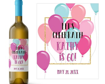 Festive Colorful Balloons With Gold Glitter Frame Wine Label | Personalized 60th Birthday Wine Label | Milestone Birthday Gift Wine Label