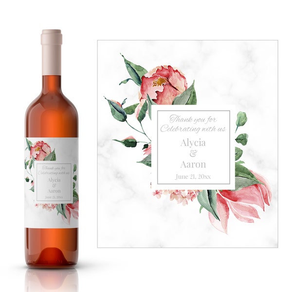 Marble Rose Frame Wedding Wine Label | Personalized Wedding Wine Labels | Custom Floral Wedding Wine Labels | Wedding Thank You