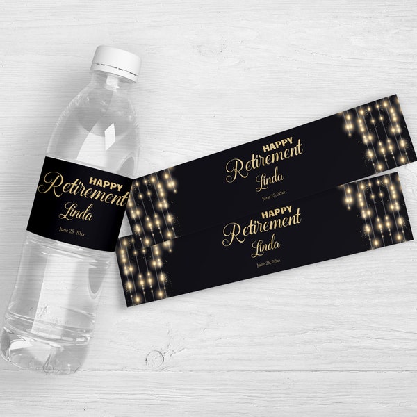 String Light Retirement Water Bottle Labels | Retirement Party Favors | Custom Party Water Bottle Labels | Personalized Labels | Set of 10