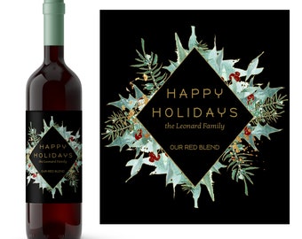 Holly Diamond Christmas Wine Label | Holly Frame Design | Happy Holiday Wine Label | Contemporary Holiday Wine Label