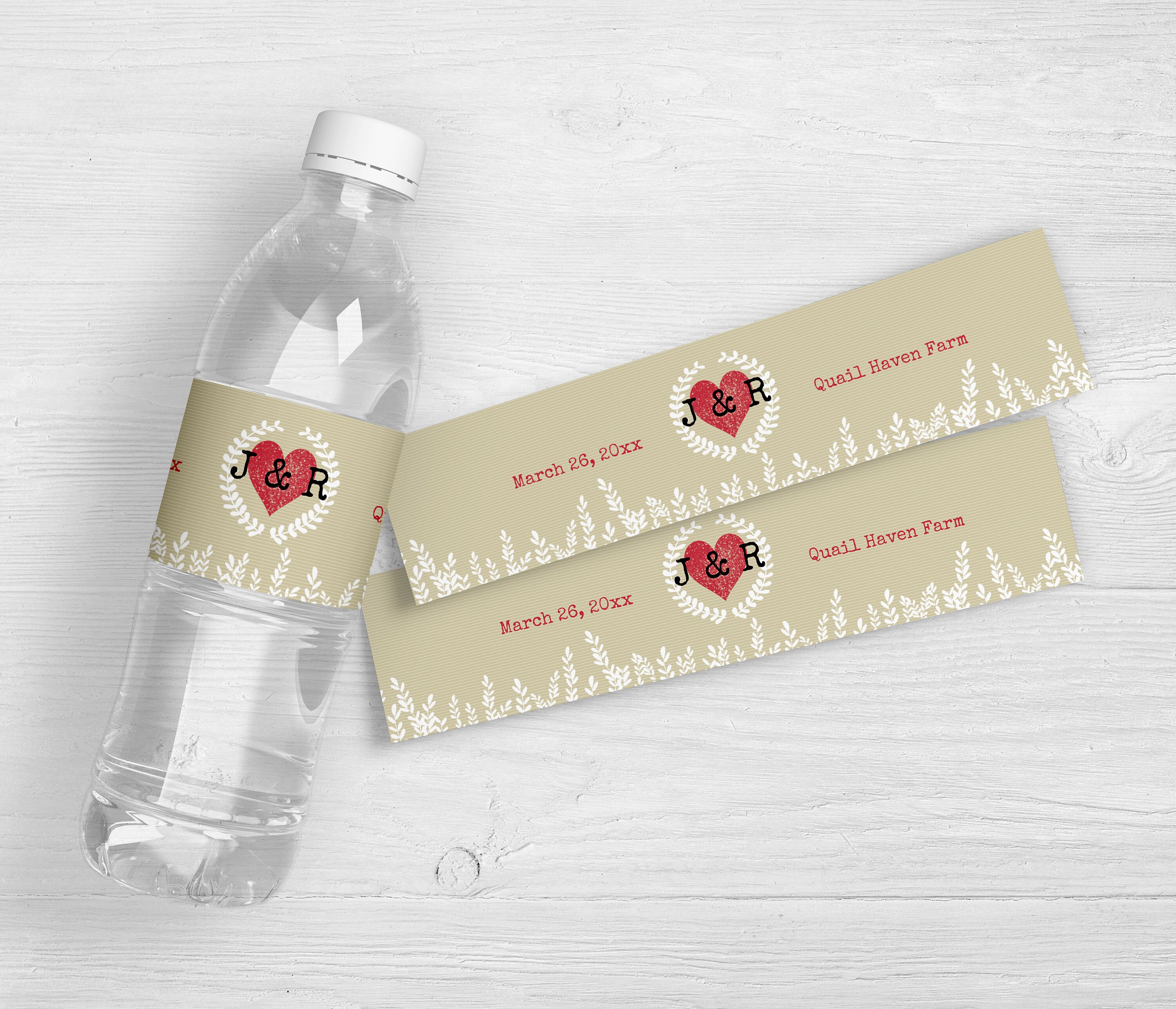 Kraft Paper Heart Personalized Wedding Water Bottle Labels | Wedding Welcome Water Labels | Wedding Reception Water Labels | Set of 10