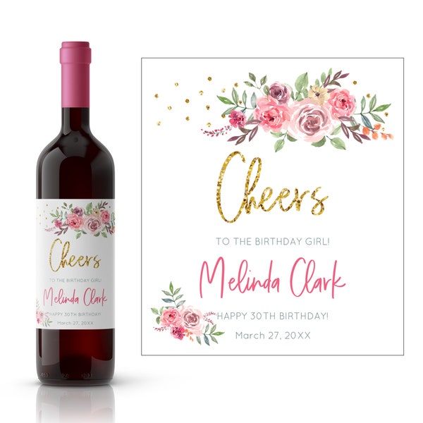 Floral Birthday Girl Cheers Personalized Wine Label | Milestone Birthday Wine Label For Her | Birthday Celebration Favor Wine Label