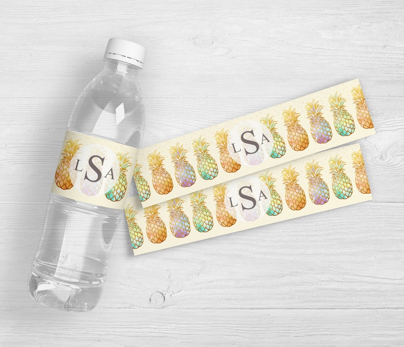 Pineapple Monogram Wedding Water Bottle Labels Personalized Wedding Welcome Labels Set of 10 Destination Wedding Favor Labels