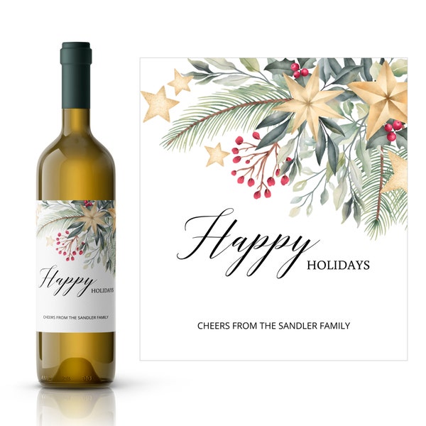 Berries and Stars Christmas Wine Label | Happy Holidays Wine Label | Holiday Open House Wine Label | Holiday Wine Gift