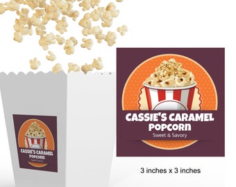 Caramel Covered Popcorn Custom Sticker | Popcorn Box Labels | Labels for Popcorn Favors| Movie Night Popcorn Labels