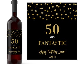 Fantastic Birthday Personalized Birthday Wine Label | Birthday for Man | Black and Gold Birthday | 50 and Fantastic Party Favor Labels