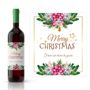 Watercolor Christmas Holiday Wine Label | Pink Poinsettia Label | Christmas Gift Idea | Christmas Swag