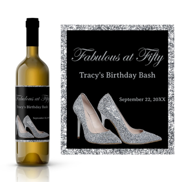 Silver High Heels Birthday Wine Label | Custom Birthday Wine Label | Milestone Birthday Wine Label For Her | Birthday Party Wine Favor