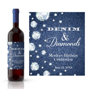 Denim and Diamonds Birthday Wine Label | Custom Birthday Wine Label |  Elegant Birthday Gift | Wine Lover Gift | Birthday Gift for Her