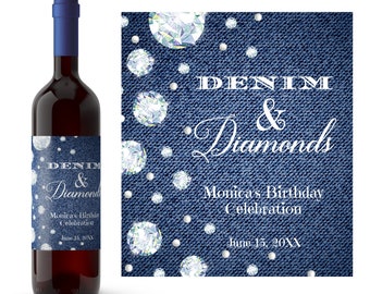 Denim and Diamonds Geburtstagsweinetikett | Benutzerdefiniertes Geburtstags-Weinetikett |  Wein-Liebhaber Geschenk | Geburtstagsgeschenk für Sie | Gedruckt oder Digital Download