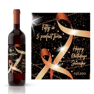 Ribbon and Lights 50th Birthday Wine Label | Five Perfect Tens Birthday | Birthday for Her Wine Label | Wine Lover Birthday Gift