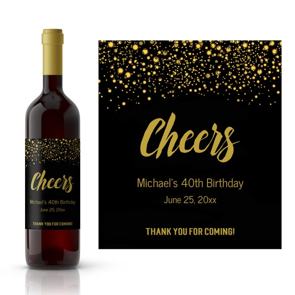 Cheers Gold Glitter Personalized Birthday Wine Label | Custom Birthday Wine Label | Wine Lover Gift Idea | Milestone Birthday Wine Label