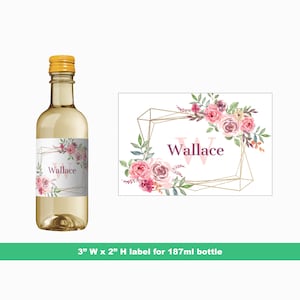 Blumenrahmen Personalisierte Mini-Weinetiketten | Brautparty Wein Gastgeschenke | Blumen Hochzeit Mini Flaschenetiketten | 187 ml Flaschenetiketten