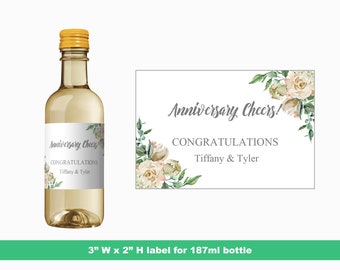 Ivory Roses Wedding Anniversary Mini Etichette di vino / Etichetta personalizzata per bottiglie anniversario di matrimonio / Etichette mini bottiglia / Etichette bottiglia da 187 ml