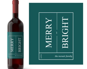 Minimalist Merry and Bright Custom Holiday Wine Label | Modern Christmas Wine Label | Christmas Wine Lover Gift | Hostess Gift for Christmas