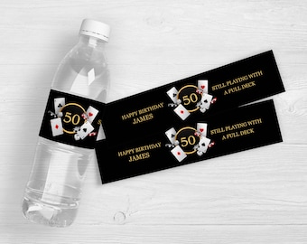 Casino Birthday Water Bottle Labels | Birthday Party Water Bottle Labels | Black & Gold Party Favors | Milestone Birthday Favor | Set of 10