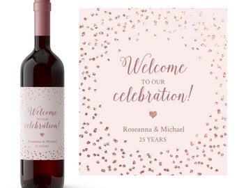 Rose Gold Sparkle Personalized Anniversary Wine Label | Personalized Anniversary Party Favor | Rose Gold Sparkle Custom Wine Label