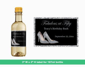 Silver High Heels Personalized Birthday Mini Wine Labels | Custom Birthday Party Favors | Mini Bottle Labels | 187 ml Bottle Labels