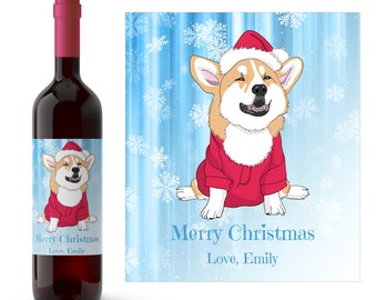 Christmas Corgi Holiday Wine Label | Personalized Holiday Wine Label | Winter Dog Wine Label | Holiday Gift Wine Label
