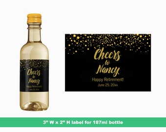 Cheers Gold Glitter Personalized Retirement Mini Wine Labels | Retirement Celebration Favors | Mini Bottle Labels | 187 ml Bottle Labels