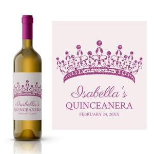 Hot Pink Glitter Tiara Quinceanera Wine Label | Personalized 15th Birthday Favor | Quinceañera Favor Labels | Girls Birthday Labels  | 15th