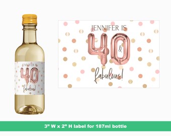 Etykiety na wino w kolorze różowego złota na 40. urodziny | Upominki na 40. urodziny | 40 i wspaniałe | Etykiety na butelki w miniaturze | Etykiety na butelki 187 ml