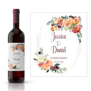 Floral Gold Geometric Frame Wedding Wine Label | Personalized Wedding Wine Label | Wedding Reception Custom Wine Label | Wedding Day Wine