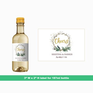 Zweig Kranz Cheers Hochzeit Mini Wein Etiketten | Braut Dusche Wein Party Gefälligkeiten | Benutzerdefinierte Etiketten | Mini-Flasche-Etiketten | 187 ml Flaschenetiketten