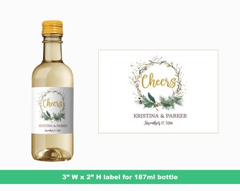 Twig Wreath Cheers Wedding Mini Etichette di Vino / Bridal Shower Wine Party Favors / Etichette personalizzate / Mini Etichette bottiglia / 187 ml Etichette bottiglia