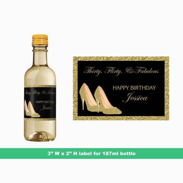 Gold Glitter High Heels Personalized Birthday Mini Wine Labels | Custom Birthday Party Favors | Mini Bottle Labels | 187 ml Bottle Labels